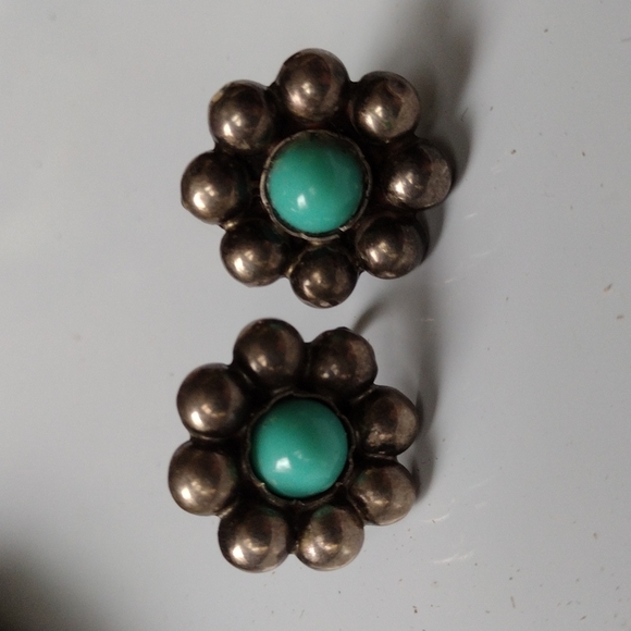 c'30s-'40s S'Western Sterling Silver Turquoise Flower Screwback Earrings VINTAGE - Picture 10 of 10